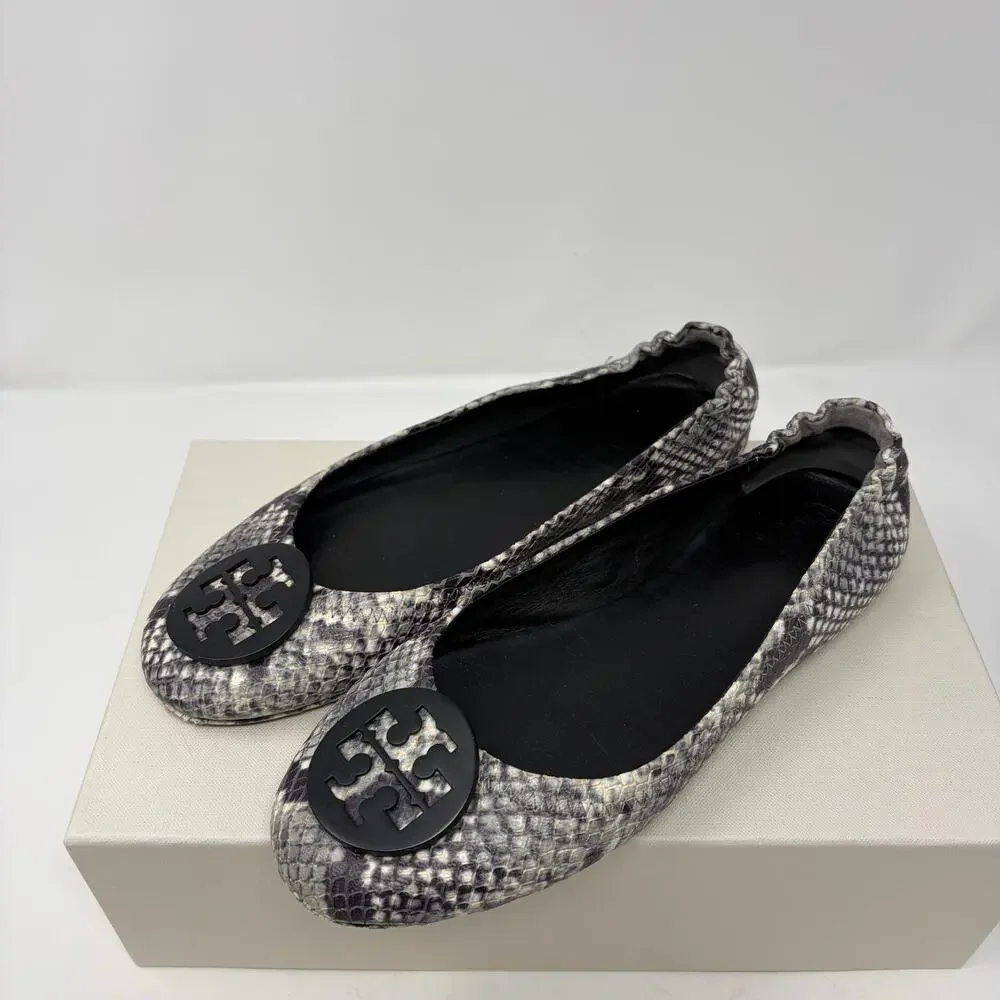 Tory Burch Reva Snake Print Leather Ballet Flats (7.5)
